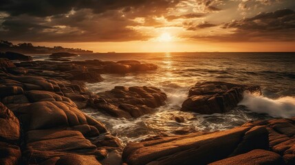 Wall Mural - ai generated illustration of a stunning sunset over a tranquil ocean with jagged rocks in foreground