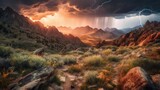 Fototapeta  - AI-generated illustration of a beautiful grassy valley at sunset with mountains and lightning.