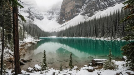 Wall Mural - AI-generated illustration of a tranquil winter scene featuring a lake surrounded by pine trees.