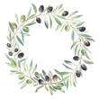 Wreath from the olive branches painted with watercolors, isolated on transparent background. Elegant and fresh hand drawn design for the invitations, packaging, plates decoration, decals