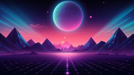Canvas Print - trendy neon synth wave landscape: retro abstract background with sunset sky, road, and mountains