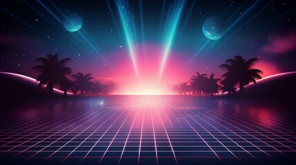 Canvas Print - trendy neon synth wave landscape: retro abstract background with sunset sky, road, and mountains