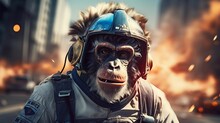 AI Generated Illustration Of A Gorilla Wearing A Helmet On A City Street Against A Blazing Fire