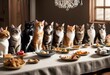 AI generated illustration of a group of cats gathering around a dinner table with an array of food