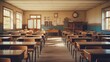© Lubos Chlubny - Empty classroom. Back to school concept in high school. Vintage wooden chairs and desks. Studying lessons in secondary education.