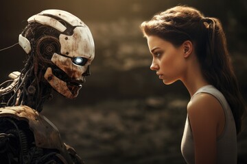 Poster - Young woman and a humanoid robot looking at each other