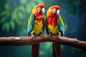 Two parrots sitting together on a branch in the rainforest. Colorful scarlet macaw parrots.