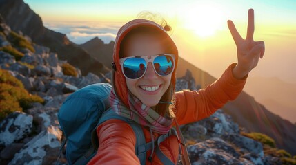 Poster - woman backpacker in sunglasses with hood shirt taking selfie on top of mountain. generative ai