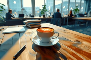 Cup of coffee on the table in the office in the background with office workers.