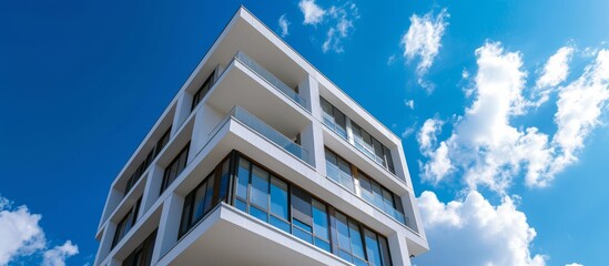 Wall Mural - a commercial building featuring a striking facade of numerous windows, set against a beautiful blue 