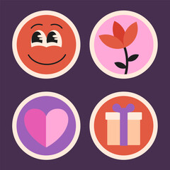 Wall Mural - set of valentine day icons, round flat stickers with romantic symbols, flower and characters. vector