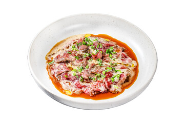 Wall Mural - beef carpaccio with fresh green onions.  Isolated, Transparent background.