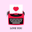Valentine's Day card template with
  typewriter and sheet of paper with heart. Love concept. Flat design style.