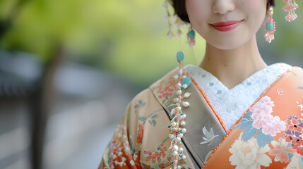 Wall Mural - A woman wearing a traditional Japanese kimono, with delicate jade and silk accessories.