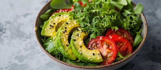 Wall Mural - A dish made from food ingredients such as avocado, tomatoes, lettuce, and sesame seeds. It is a type of salad, commonly prepared in various cuisines, using leaf vegetables and staple foods.