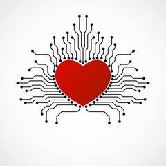 Wall Mural - Isolated romantic heart red love with circuit board isolated on white background. Valentines day