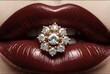 Glamour fashion dark vinous lips glossy make-up with wedding diamond ring. Accessories and jewelry. Macro shoot