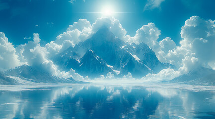 Wall Mural - Snowcapped mountains reflect in a lake under a clear blue sky with radiant sunlight, ai generated