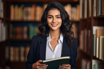 A young indian business woman stands in the library among books. Indian education concept for women