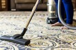 lady vacuuming a patterned carpet floor