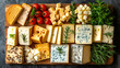 Different types of cheese served on wooden plank