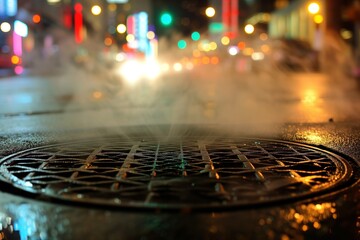 Poster - manhole cover detail with steam, city lights in the background