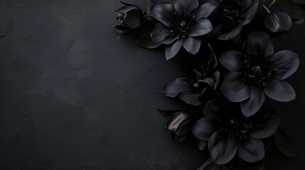 black flowers on a black background with space for text.