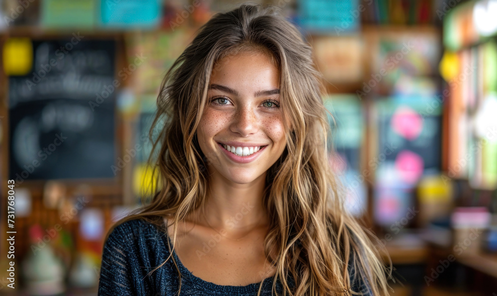 Confident female teacher smiling in a classroom environment, standing as a symbol of educational leadership, knowledge, and academic excellence
