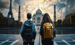 Young Students with Backpacks Gazing at World Landmarks, Symbolizing Study Abroad and International Education Programs for Cultural Exchange