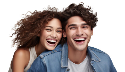 Cheerful young couple laughing together in a close embrace, cut out