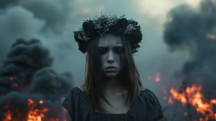 Sticker - sad girl with a black wreath on her head against a background of smoke and fire.