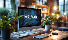 Cybersecurity Alert Concept With A MALWARE Warning On A Computer Screen In A Cozy Home Office Setup With Warm Lighting And Houseplants