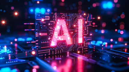 Wall Mural - Futuristic AI technology concept with 'AI' text illuminated on a circuit board, representing artificial intelligence, machine learning, and advanced computing