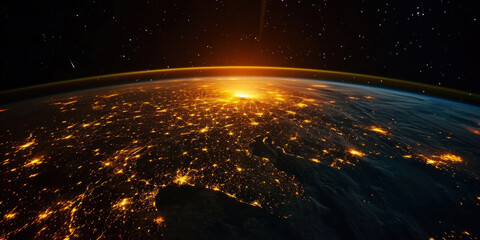 Wall Mural - big city lights view from space. planet earth globe with night realistic world map. communication co
