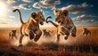 Lion cubs chasing each other's tails in a playful dance on the African savannah.