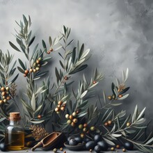 Wild Olive Branches On A Gray Background. Copy Space