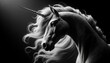 A photorealistic image of a dramatic monochrome close-up of a unicorn, focusing on details and textures.