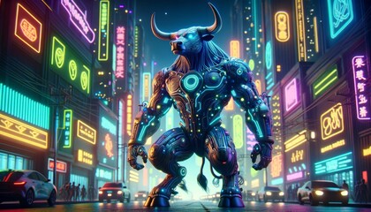 A whimsical animated art style depiction of a futuristic Minotaur with cybernetic enhancements, set against a neon-lit cityscape at night.