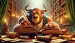 © FantasyLand86 - A whimsical animated art style depiction of the Minotaur reading or writing, wearing glasses, in a scholarly setting.