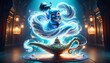 A close-up of a genie emerging from a lamp, illustrated in a whimsical animated art style with a 16_9 ratio.