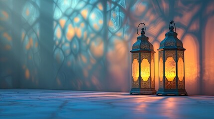 Wall Mural - Image of beautiful Arabic lantern for ramadan kareem greetings with lovely background.