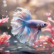 amazing pale lavender color  Bette fish male with beautiful long fins posing against  light background. close up. Dreaming concept. Ai generated