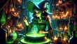 A witch stirring a bubbling cauldron with green liquid, in a whimsical animated art style with a 16_9 ratio.