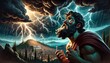 A whimsical animated art style scene depicting the wrath of the gods, with Theseus reacting to a divine omen.