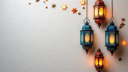 Wall Mural - Image of lanterns hangs over white background with decorative stars ornament. Minimalist Suitable for design element of Ramadan Kareem greeting template. Ramadan Kareem theme background template.