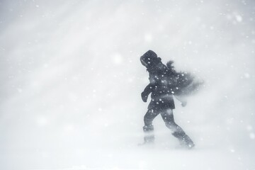 Canvas Print - silhouetted person pushing through a blizzard