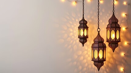 Wall Mural - Eid mubarak with a islamic decorative frame pattern with decorative mini lamp and beauty lantern on a light ornamental background. You can put your text here.