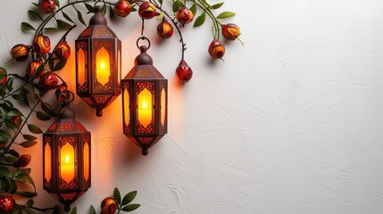 Wall Mural - Image of lanterns hangs over white background with  leaves and fruits. Suitable for design element of Ramadan Kareem greeting template. Ramadan Kareem theme background template.