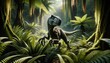 A Velociraptor hunting in dense fern undergrowth, the dinosaur is highly detailed with sharp, keen eyes, and a sleek, feathered body.