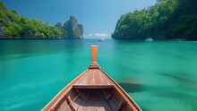 Long Tail Boat Sailing In The Tropical Area Koh Phi Phi. Beautiful Summer Vacation Destination. Travel,Holiday Concept. Boat On Blue Clear Lagoon Thailand . Beautiful View 4k Video Moving